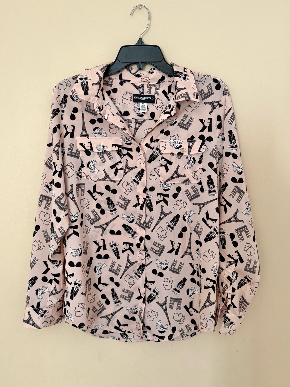 Karl Lagerfeld Pink Parisian Print Button-Down Blouse, Cat Paris Coquette Shirt